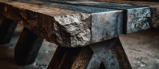 Close-up of a weathered stone bench with metal supports