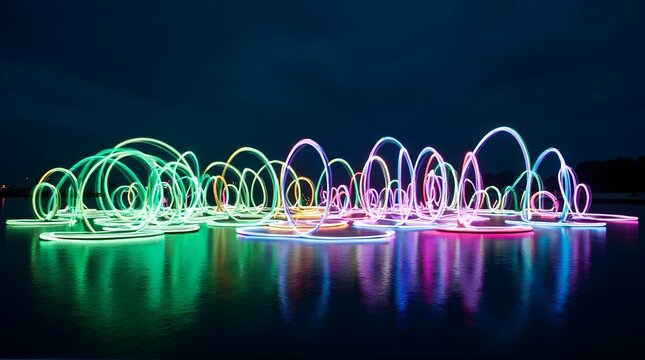 Vibrant neon light sculptures illuminate dark water at night