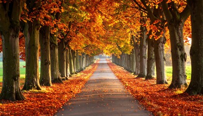 A tree-lined road is flanked by vibrant trees displaying autumn foliage. The golden leaves cover the path and the bordering grass