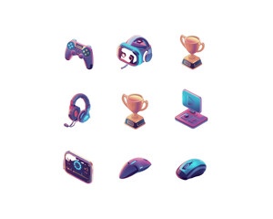 Collection of futuristic gaming icons with neon glow isolated on transparent background