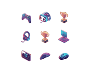 Collection of futuristic gaming icons with neon glow isolated on transparent background