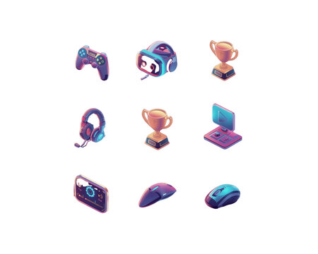 Collection of futuristic gaming icons with neon glow isolated on transparent background