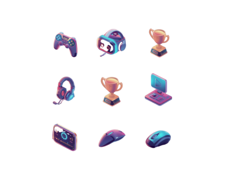 Collection of futuristic gaming icons with neon glow isolated on transparent background