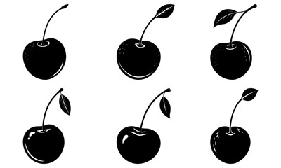 Illustration of six black cherries with stems and leaves arranged in a symmetrical pattern on white background