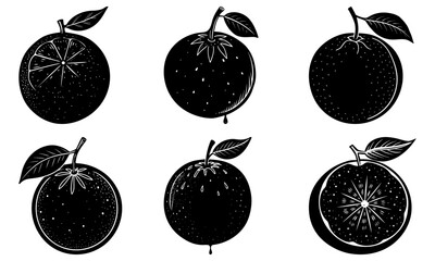 Illustration of six stylized black and white fruits with leaves and unique internal patterns