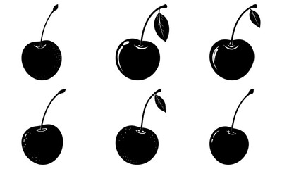 Illustration of six black and white cherry fruit with stems and leaves on a white background layout