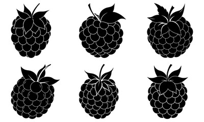 Collection of six stylized black raspberry silhouettes with leaves in a symmetrical arrangement