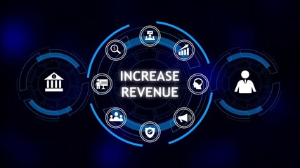 Increase revenue business growth strategy icons digital interface with bank graph people brain. Increase revenue with smart business strategy. Revenue growth drives lasting success. - Powered by Adobe