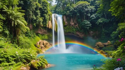 Scenic waterfall cascading into turquoise pool surrounded by lush green jungle with rainbow in daylight