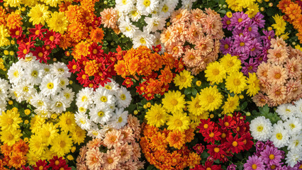 Beautiful seamless floral pattern of yellow daisies and colorful spring flowers blooming from above