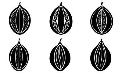 Illustration showing six black and white stylized seed pods with varying interior patterns and details