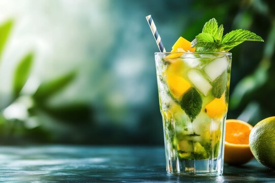 A vibrant tropical cocktail made with fresh mint leaves, lime juice, and a splash of soda water, garnished with a sprig of mint and a slice of orange.