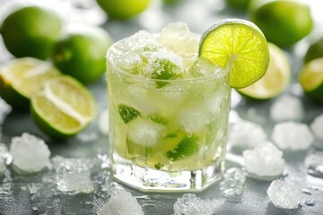 Fototapeta premium A refreshing mojito cocktail garnished with a lime wedge and a sprig of mint, served in a tall glass with ice cubes.