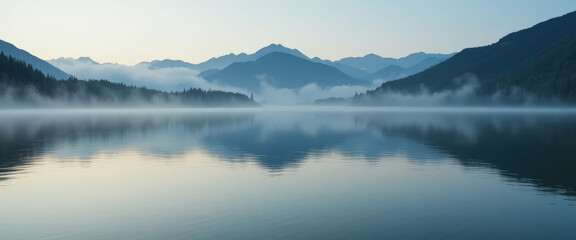 Fototapeta premium Morning mist over tranquil lake mountain range scenic photography serene environment wide-angle view nature's beauty