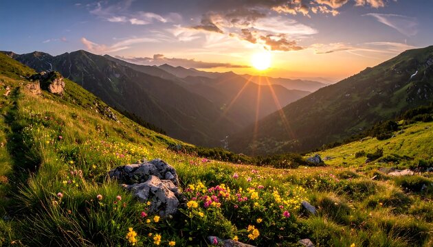 A vibrant sunset casts golden rays over a lush mountain valley, illuminating grassy slopes dotted with wildflowers