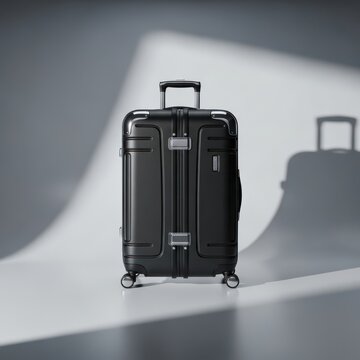Modern black suitcase on wheels for travel and business trip on gray background