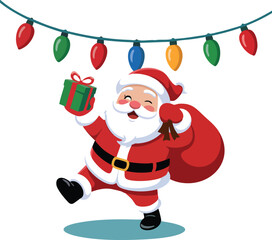 Cartoon Santa Claus with Gifts and Christmas Lights, Happy Santa Delivering Presents Illustration, Jolly Santa Carrying a Sack of Toys, Festive Holiday Character under String Lights
