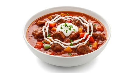 Bowl of chili con carne with sour cream isolated on white background