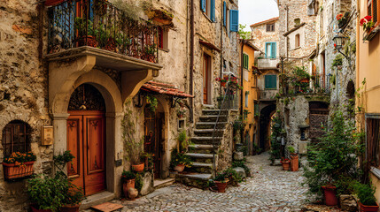 Maenza, Italy, July 24, 2021. A street in the historic center of a medieval town in the Lazio region.A narrow street among the old houses of Giuliano di Roma, a medieval village in the Lazio region 
