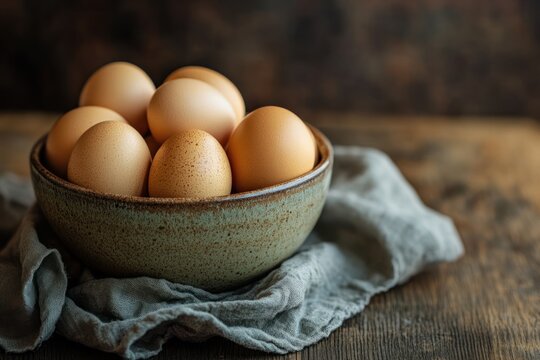 A rustic wooden table draped with a gray cloth, holding a bowl of brown eggs nestled among the grains of the table's surface.
