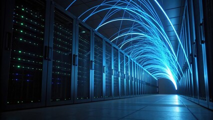 A futuristic data center corridor illuminated by vibrant blue lights, showcasing rows of servers and a dynamic visual effect.