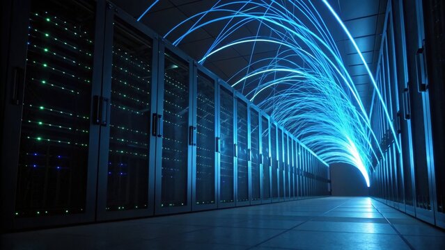 A futuristic data center corridor illuminated by vibrant blue lights, showcasing rows of servers and a dynamic visual effect.