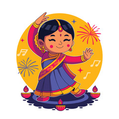 Happy Diwali Girl Dancing with Fireworks