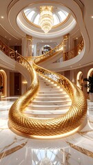 Contemporary luxury home interior featuring golden spiral staircase high resolution image