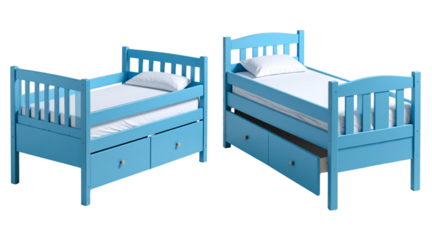 Light blue kids twin trundle bed with drawers isolated on transparent background - Powered by Adobe