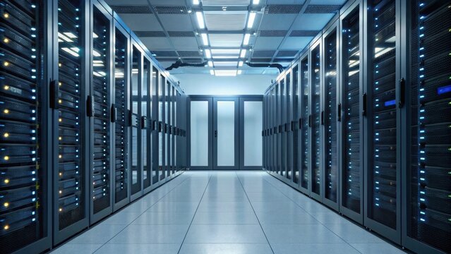 A modern data center corridor lined with server racks, illuminated by bright overhead lights, creating a high-tech atmosphere.