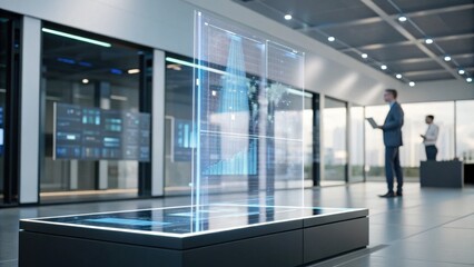 A modern office space featuring holographic data displays, with a man analyzing information and another individual in a background setting.