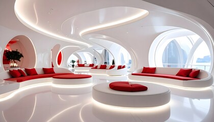 Contemporary white lounge with futuristic curved walls and open space high resolution image