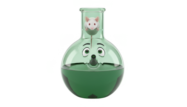 Cartoon Erlenmeyer Flask With Face and White Mouse Inside