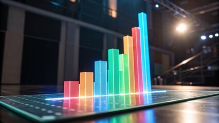 A vibrant holographic bar graph displayed on a surface, showcasing data visualization in a modern, tech-inspired environment.
