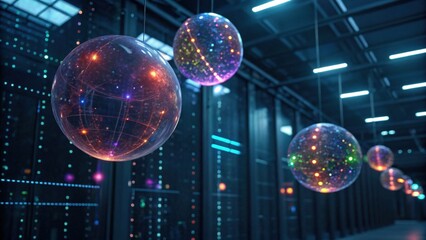 A futuristic scene featuring glowing spheres suspended in a dark space, illuminated by colorful lights, suggesting a high-tech or digital environment.
