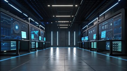 A futuristic control room equipped with large screens displaying data and graphs, illuminated by blue LED lights and sleek modern design.