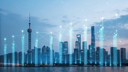 A futuristic city skyline illuminated by digital connections, symbolizing technology and innovation against a twilight backdrop.