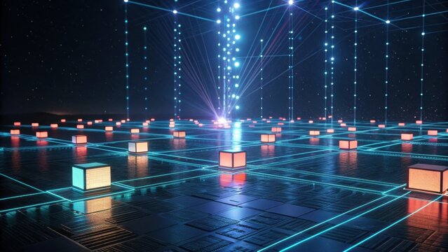 A digital landscape featuring glowing grids and illuminated cubes, creating a futuristic, cybernetic atmosphere under a starry sky.