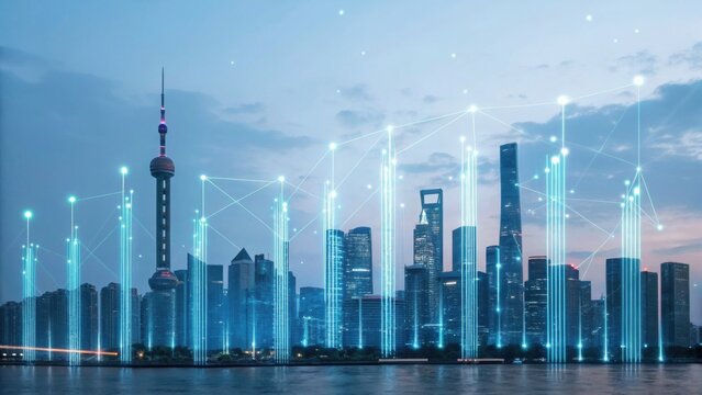 A futuristic city skyline illuminated by digital connections, symbolizing technology and innovation against a twilight backdrop.