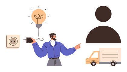 Person holding a plug connected to a lit bulb, indicating ideas or energy. Nearby, a delivery truck and user icon signify logistics and service. Ideal for creativity, energy, connectivity