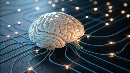 A digital representation of a human brain surrounded by glowing circuitry, symbolizing technology and neuroscience.