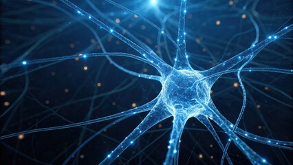 A detailed depiction of a neuron, showcasing its intricate structure and connections, illuminated in blue tones against a dark background.