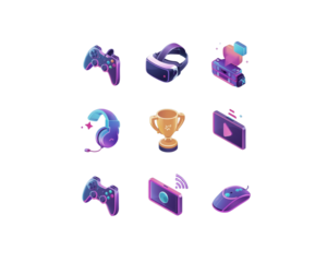 Neon gaming icons set isolated on transparent background