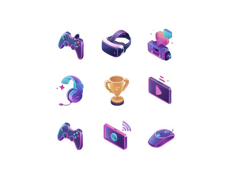 Neon gaming icons set isolated on transparent background - Powered by Adobe