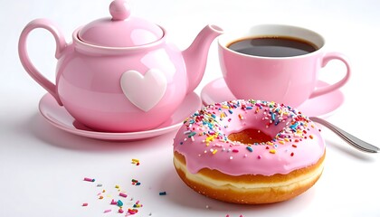 Cozy breakfast table with pink tea set and donut high resolution photo