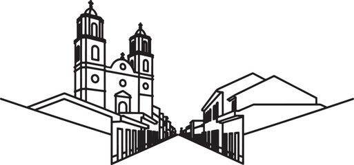 Perspective Line Art Drawing of Street View in Puebla City Mexico Architecture