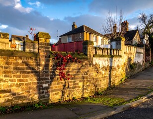 A weathered brick wall with ornate pillars frames a street scene of houses and sky. The autumn sun casts shadows