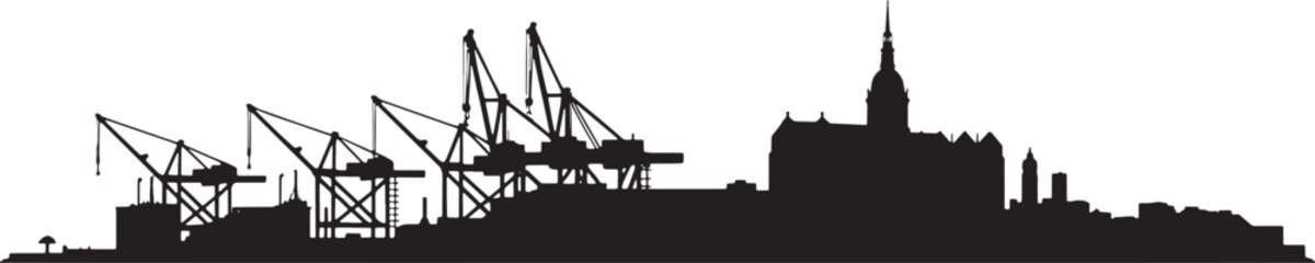 Silhouette Cityscape with Industrial Cranes, Buildings and Water Reflection on Transparent