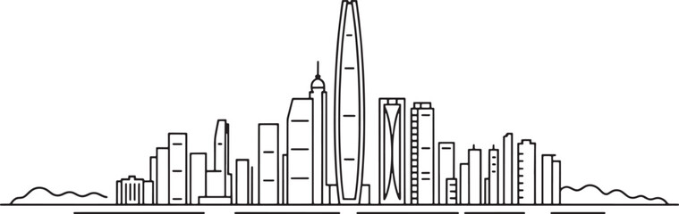 Urban cityscape silhouette line art of modern skyscrapers buildings vector design