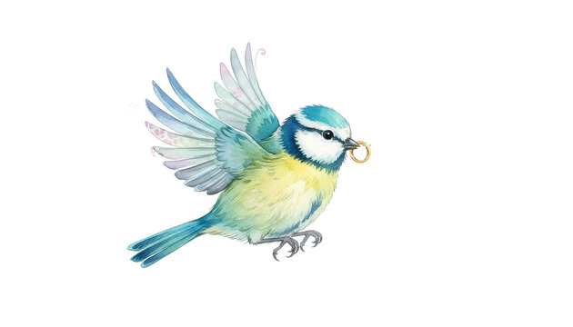 Watercolor Blue Tit Bird With Gold Ring and Floral Design